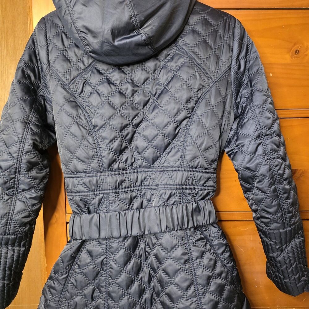 Laundry By Shelli Segal Quilted Jacket Coat Size Medium Navy Belted Hood Zip - Picture 9 of 16